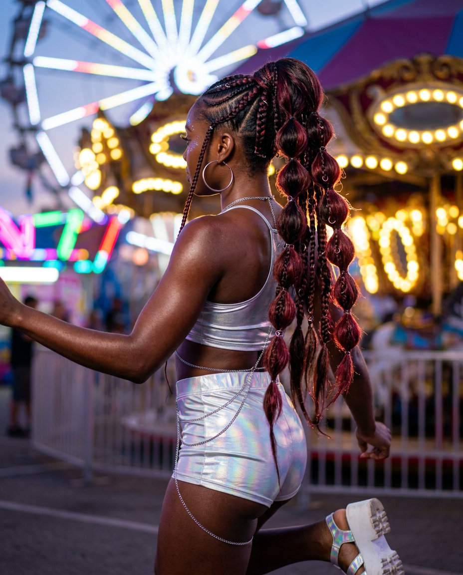 long cherry cola ponytail with red-violet tones and bubble effect for festival