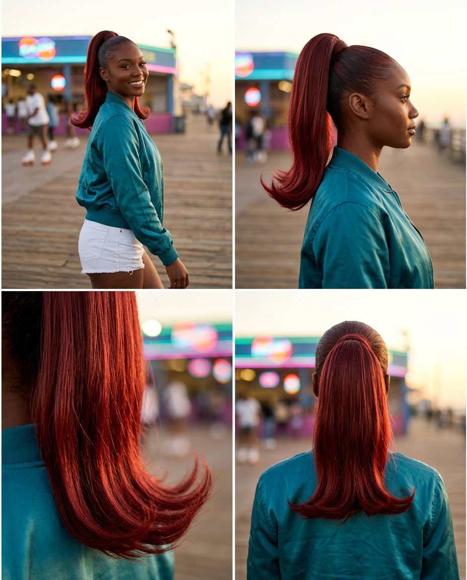 Flipped Ends Palm Pony 2026 long sleek ponytail with cherry cola red, flipped ends, and high shine — retro playful