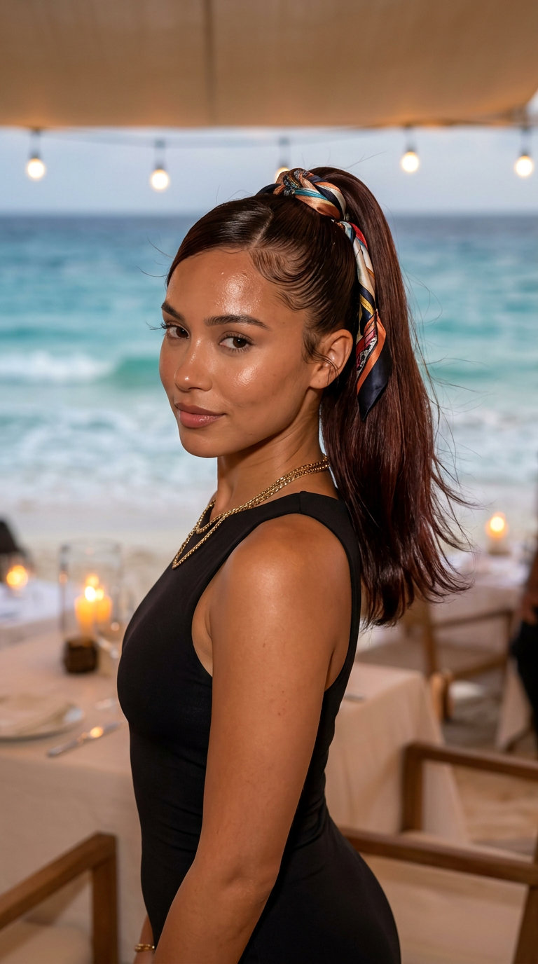 long sleek high ponytail with cherry cola, vibrant scarf wrap, laid edges — chic brunch