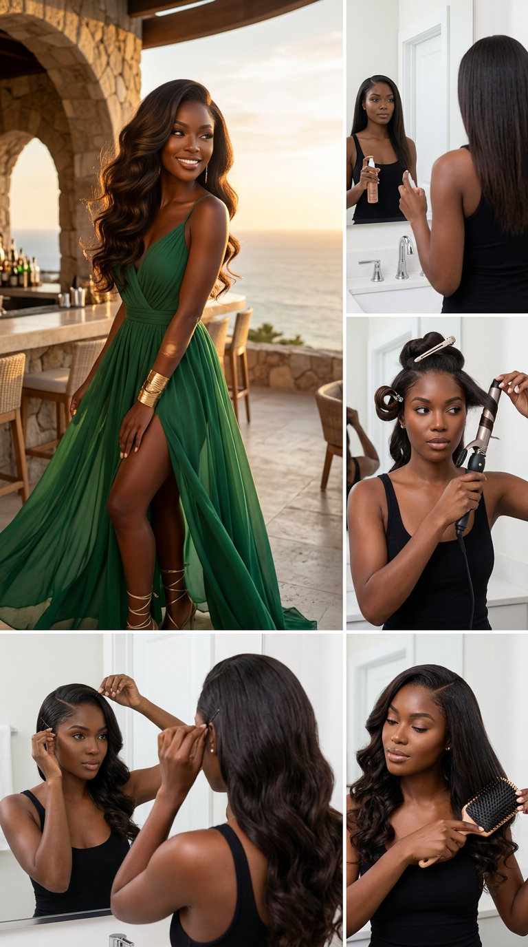 long side-swept waves with cherry cola highlights, deep side part, sculpted curls — glamorous date night