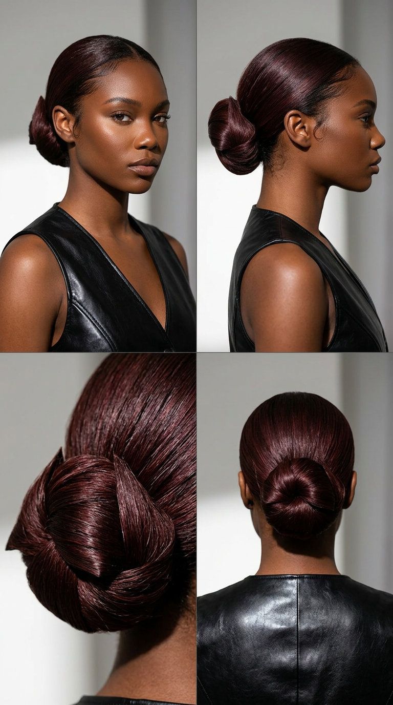 medium blunt cut with cherry cola red-violet reflects, architectural bun for bold date night