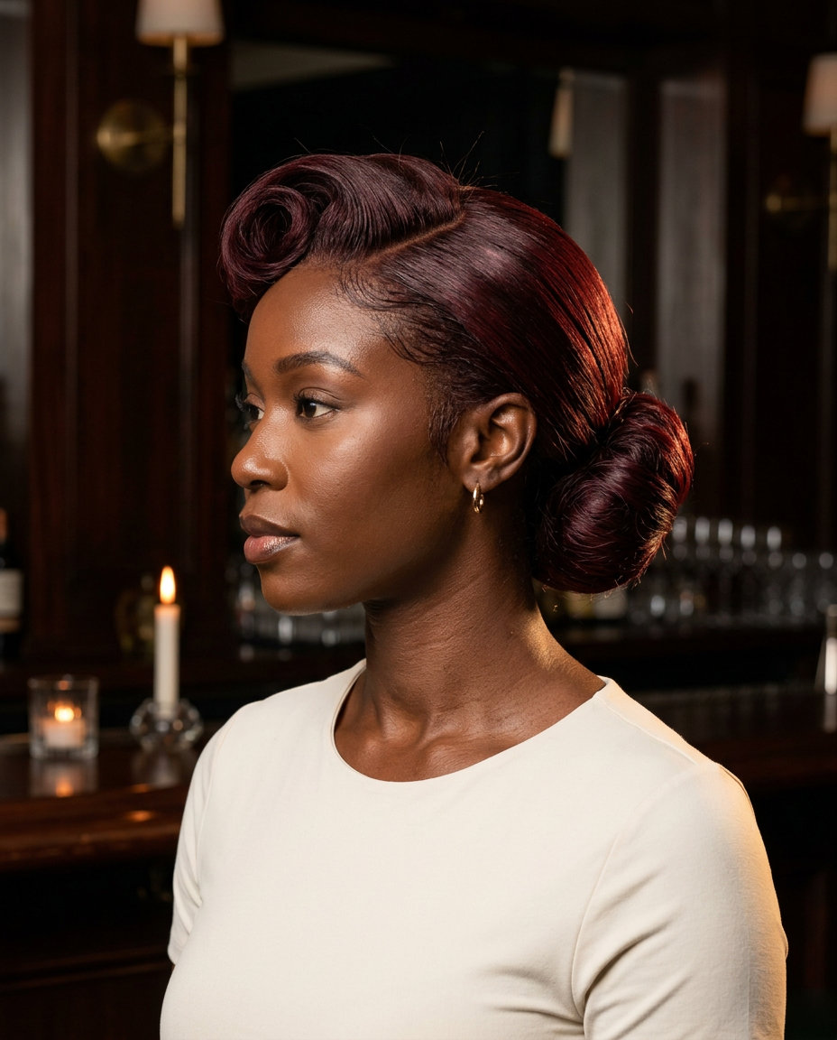 medium deep cherry cola bun with red-violet undertones, blunt cut, no fringe — retro glamorous