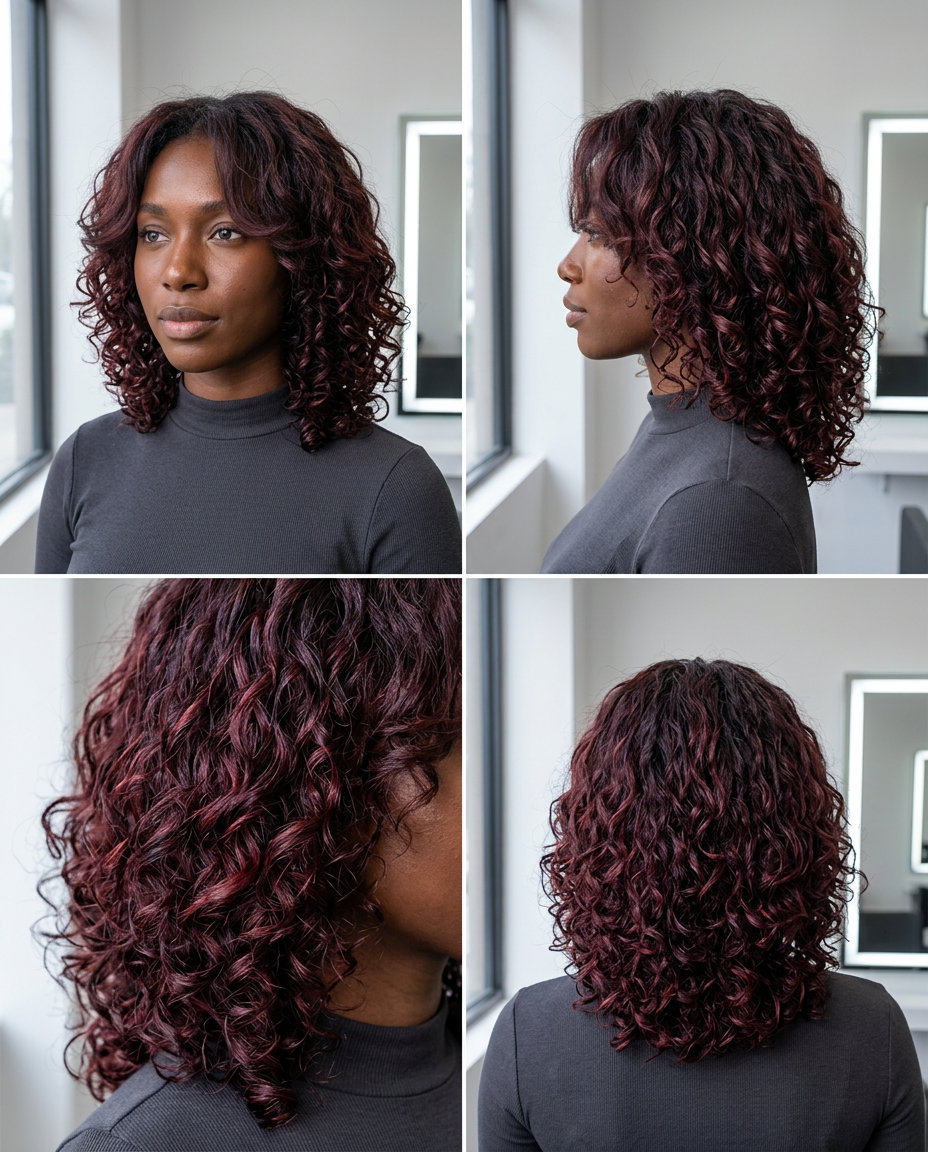 medium curly haircut in midnight cherry cola with layered coils for summer