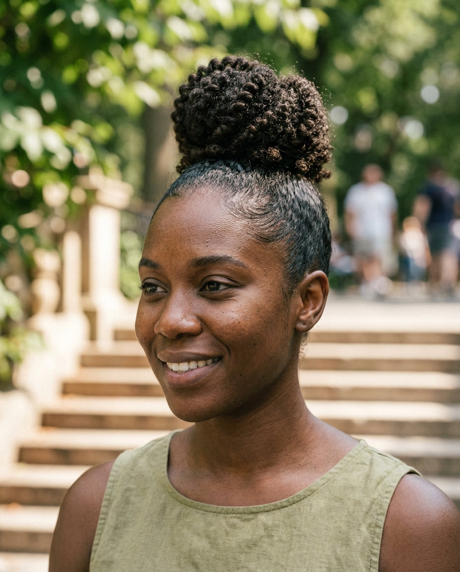 medium curly hair with cherry cola balayage, textured top knot, sleek edges — modern chic