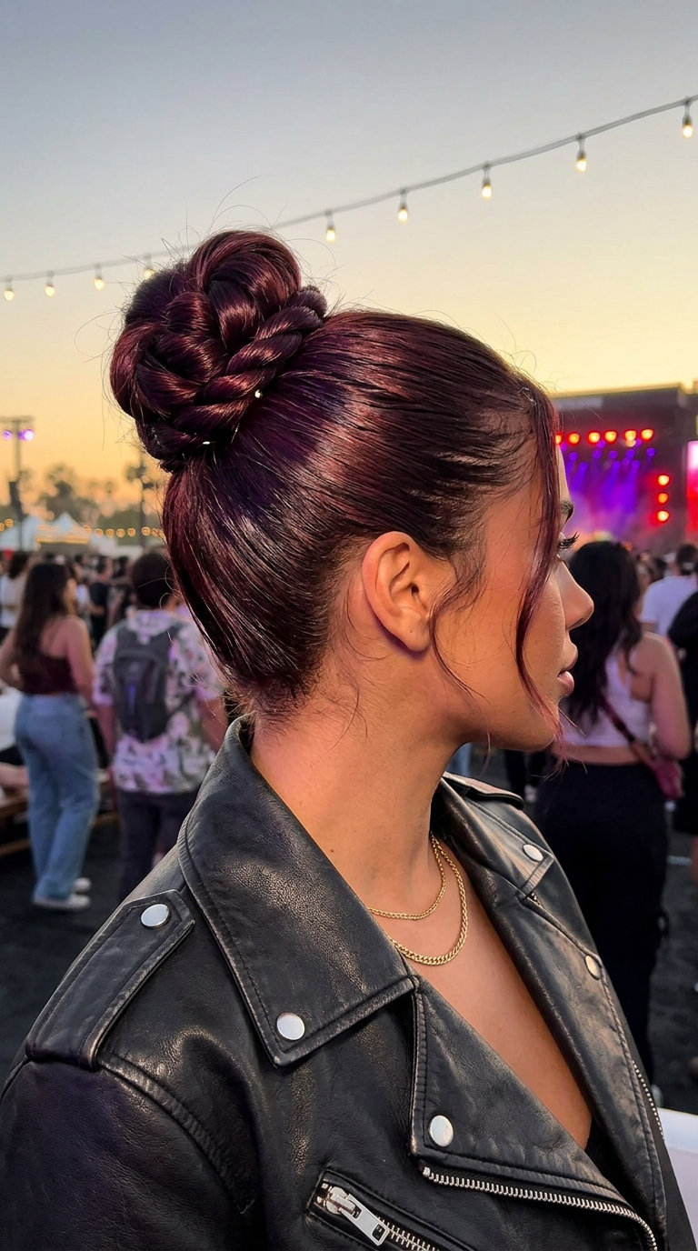 medium-long textured layers with cherry cola brunette, rope braid bun for energetic festivals