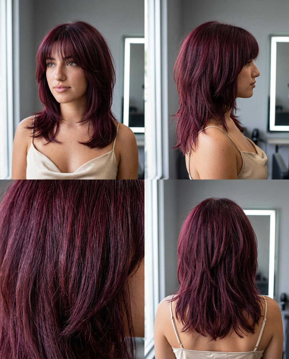 medium shag haircut with cherry cola color, choppy layers and eyebrow fringe for music festival