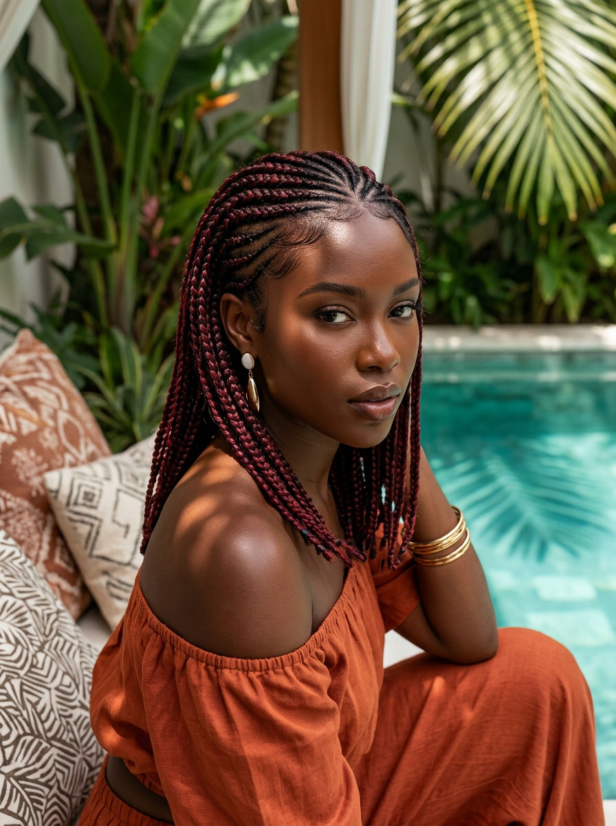 long cherry cola red fulani braids with mahogany and crimson tones for tropical vacation