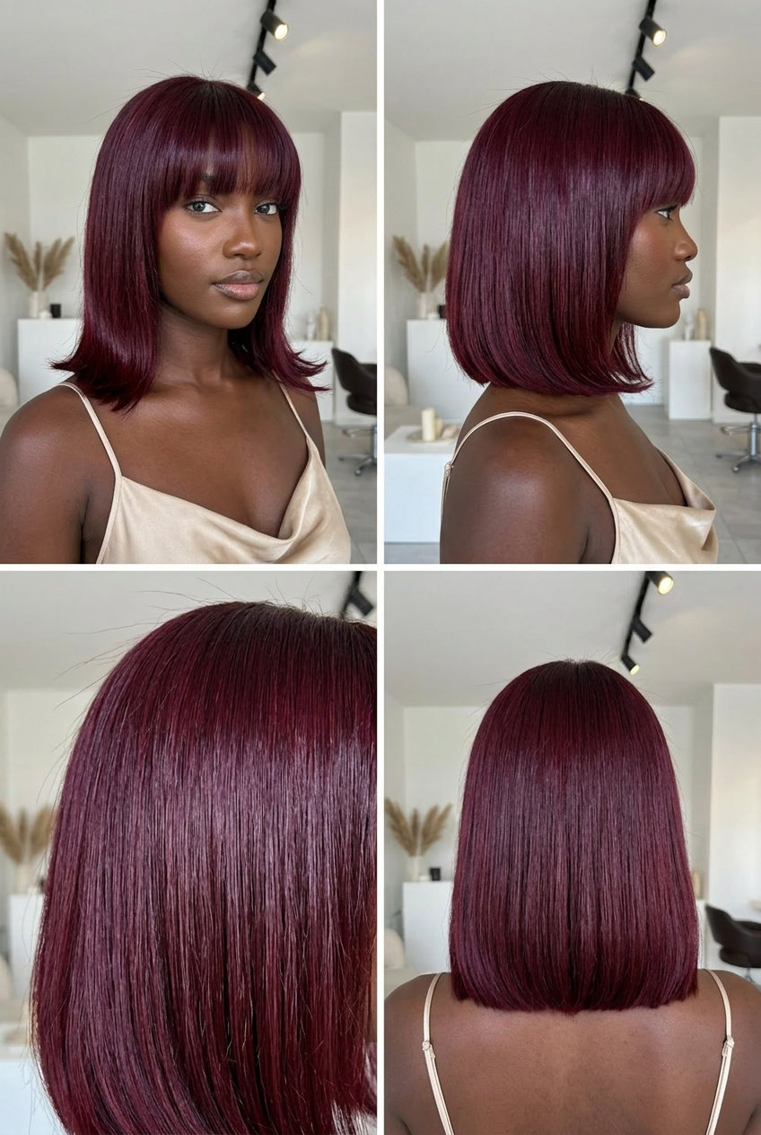short french bob haircut with cherry cola red color, violet undertones and blunt fringe