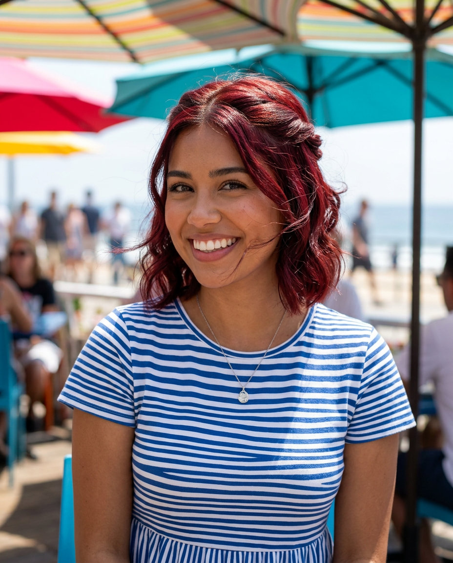 short cherry cola red layered haircut with twisted half-up style for playful summer