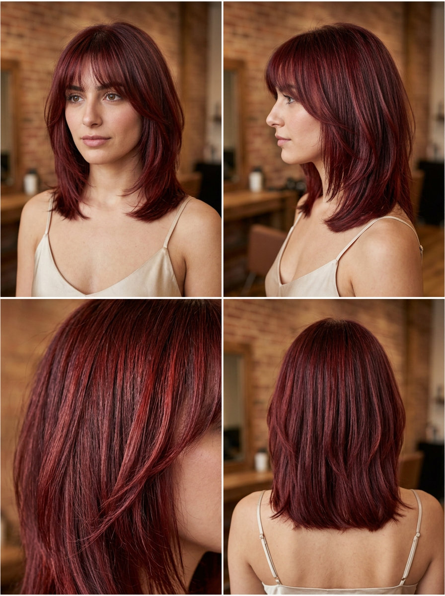 shoulder-length kitty cut with cherry cola red color, wispy face-framing bangs for edgy look