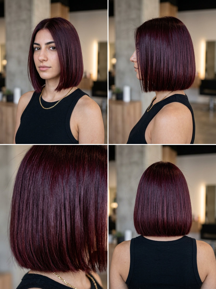 short bob haircut with cherry cola red, blunt perimeter, no fringe — bold