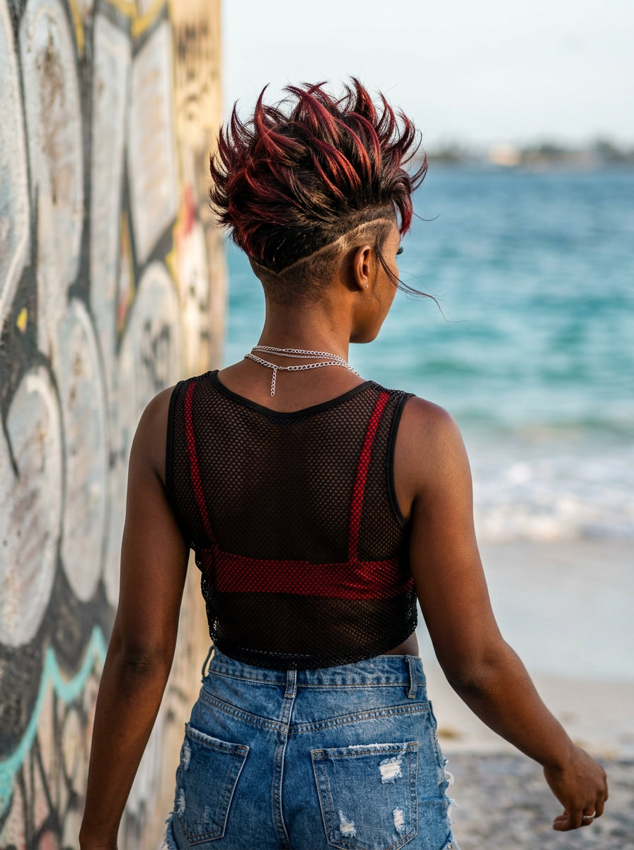short cherry cola red pixie cut with spiked texture and undercut for a night out