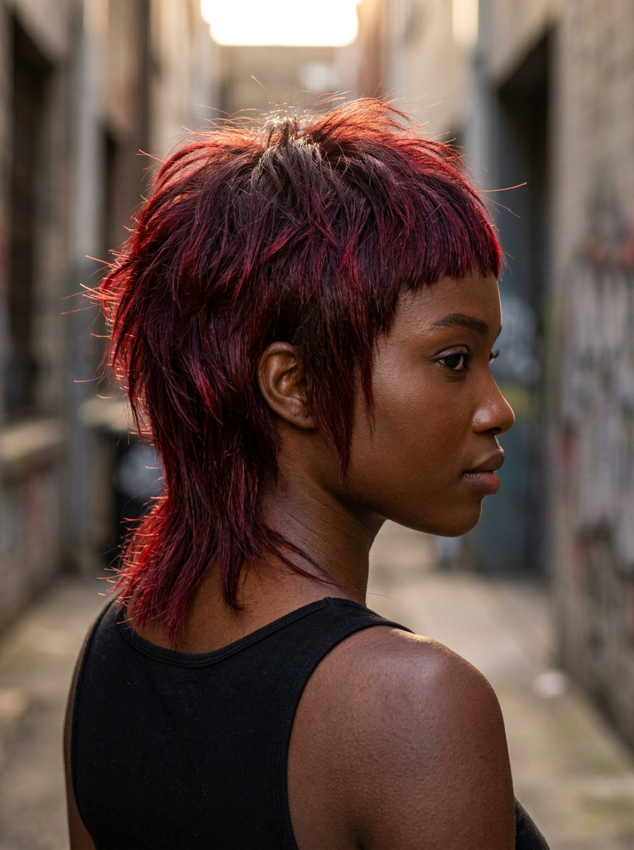 short shullet haircut with cherry cola red, micro-fringe, choppy layers — edgy