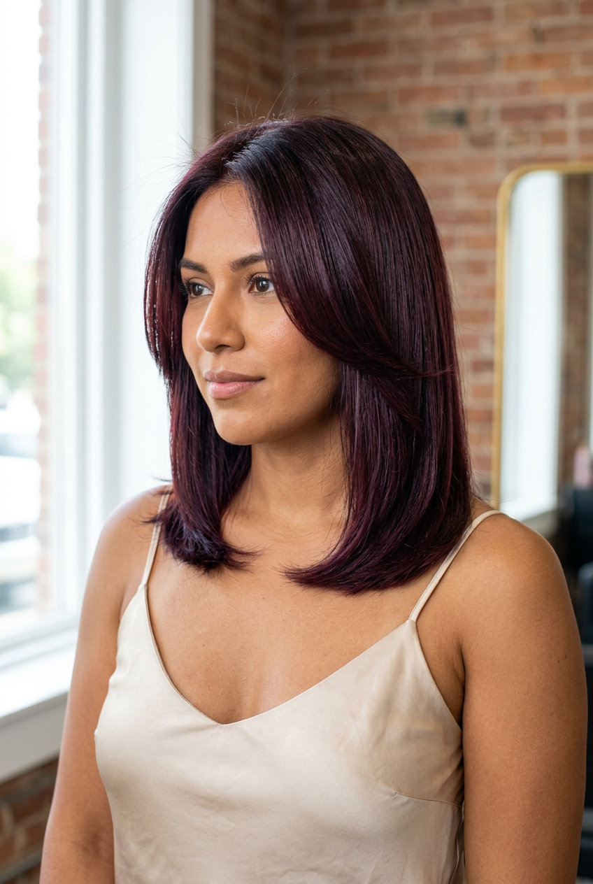 shoulder butterfly haircut in cherry cola, strong face-framing layers, no fringe — bold