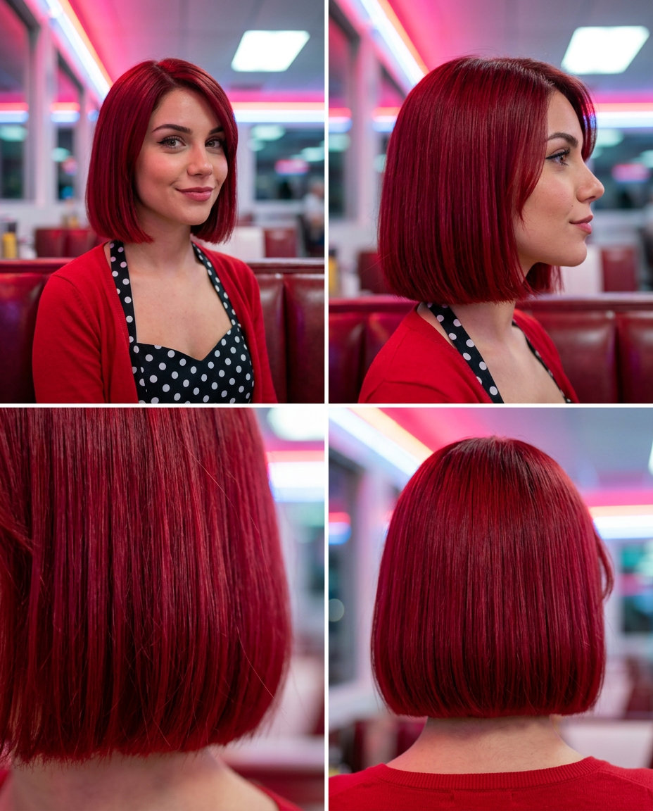 chin-length blunt bob haircut in vibrant cherry red with crimson undertones and sleek finish for bold look