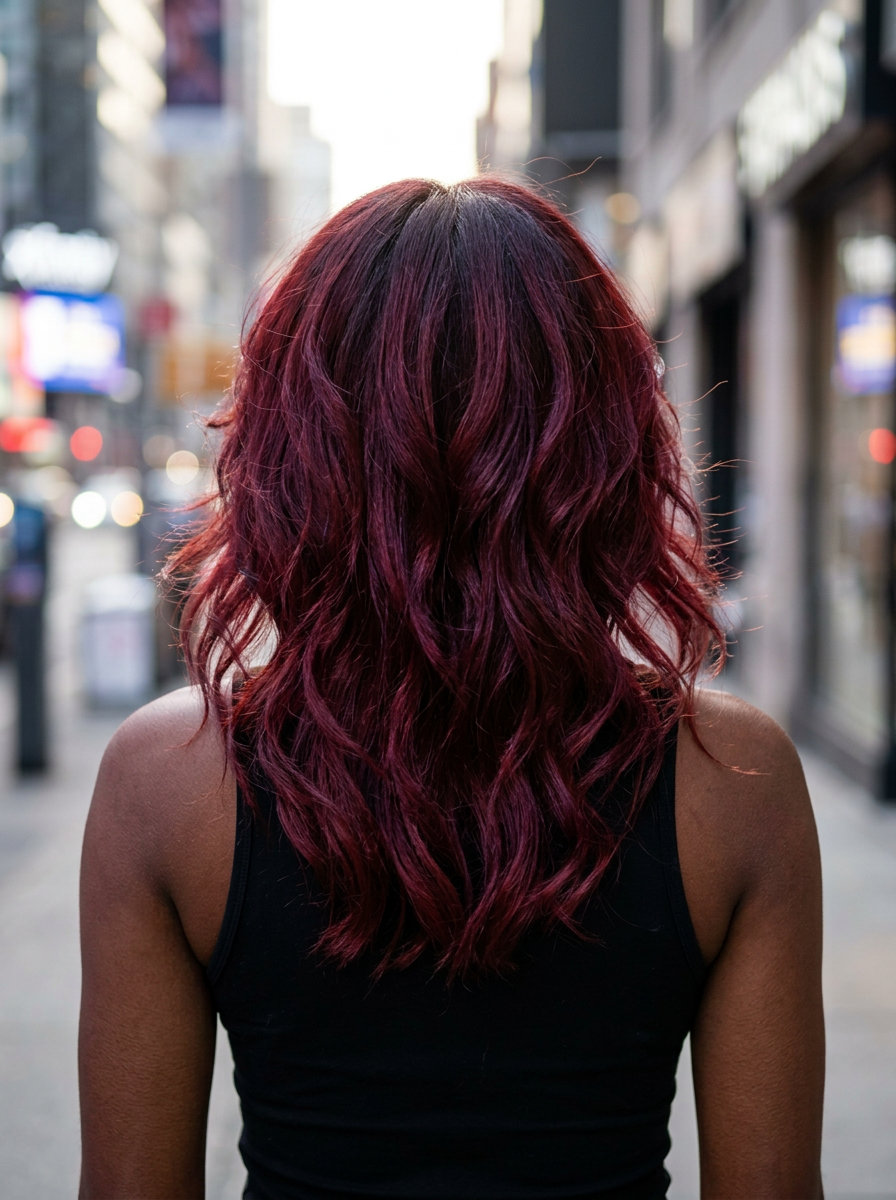 collarbone-length cherry red shag with violet undertones and choppy fringe for rebellious style