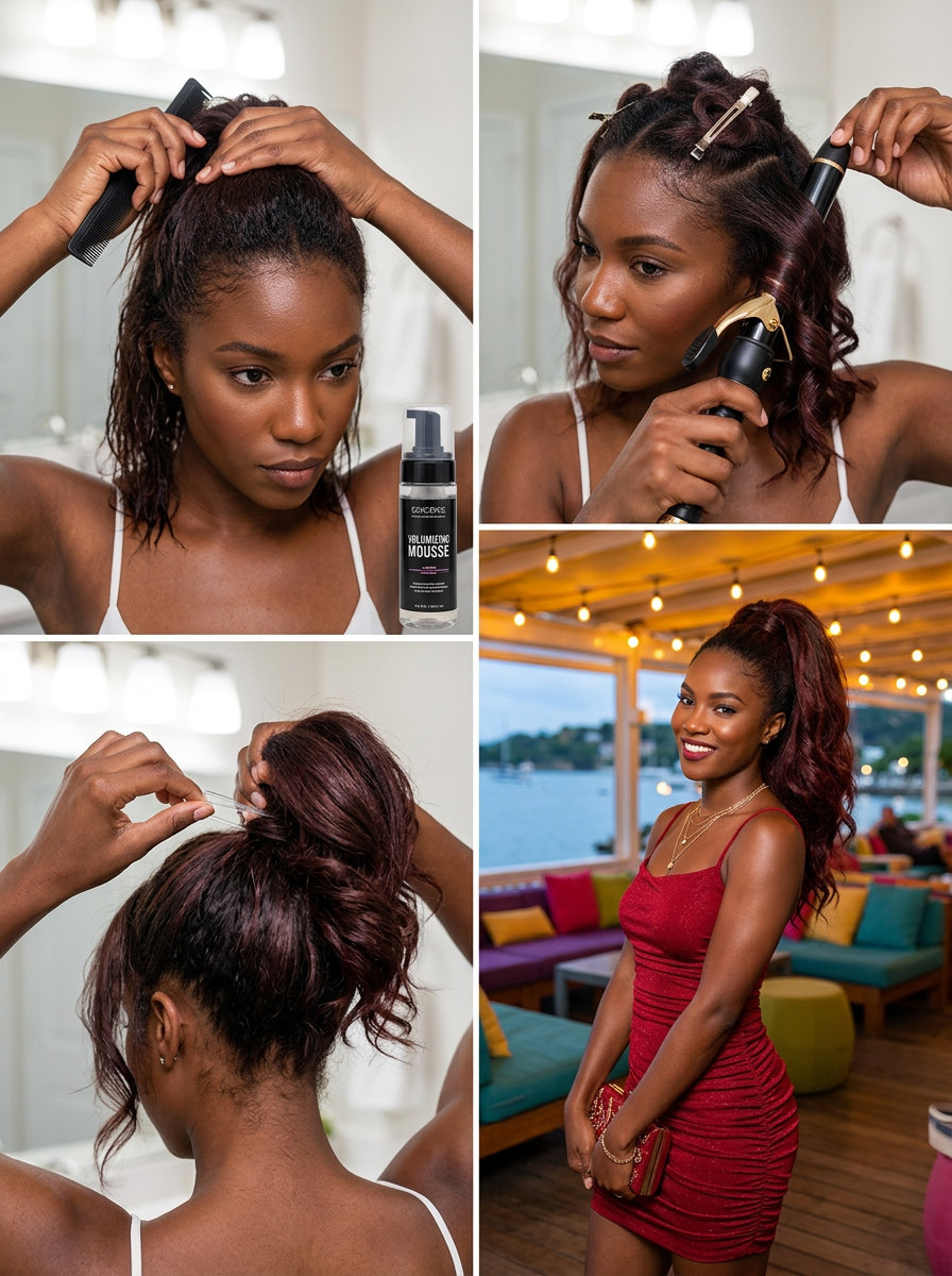 long brunette ponytail with cherry red undertones and loose waves