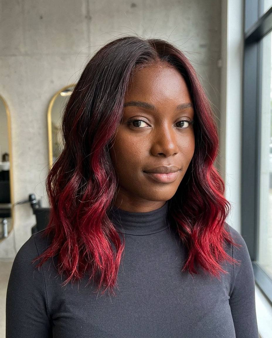 long shaggy wolf cut with cherry red dip-dyed ends for a bold look