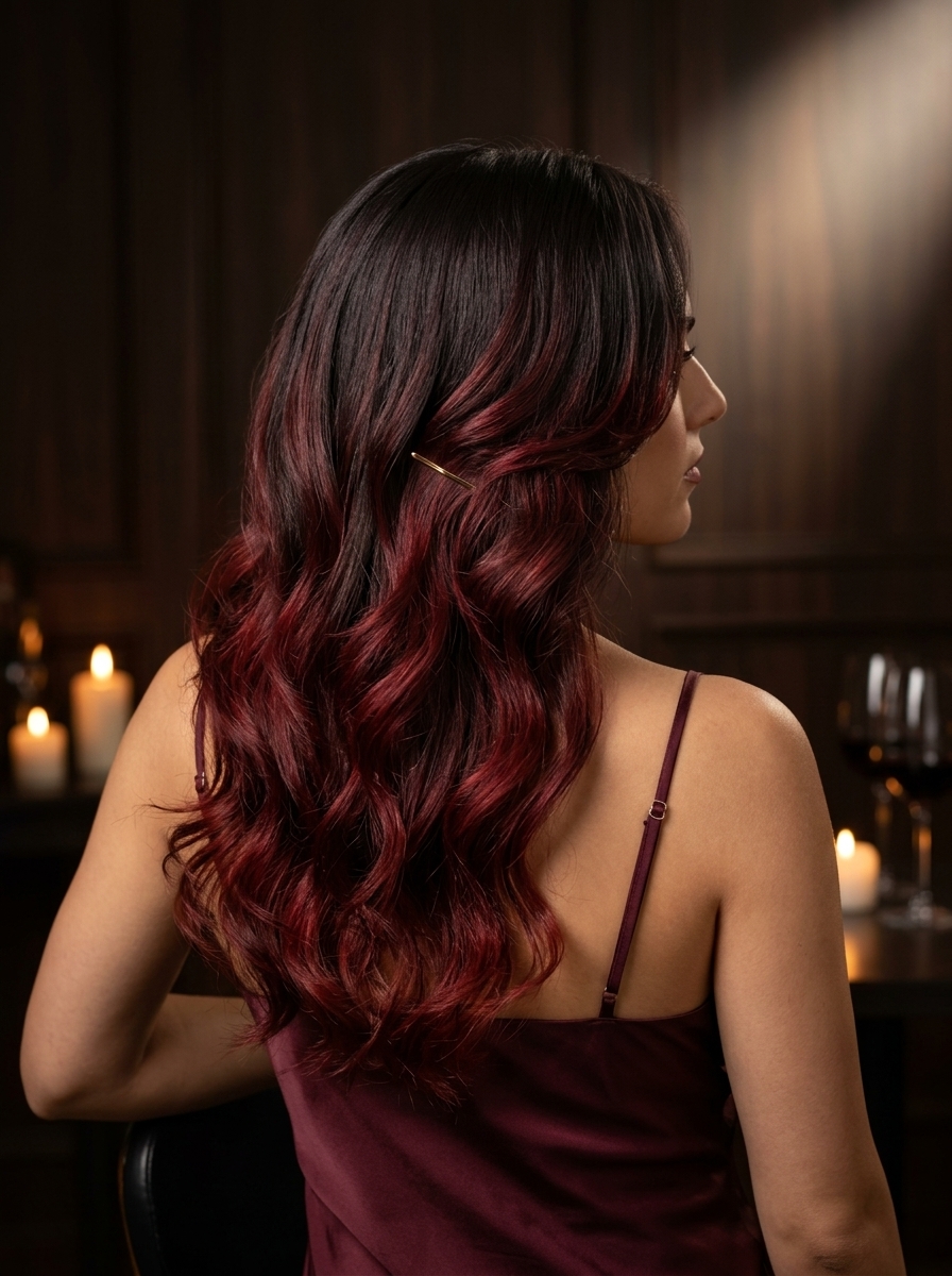 long dark cherry red ombré U-cut with soft internal layering for summer evening events