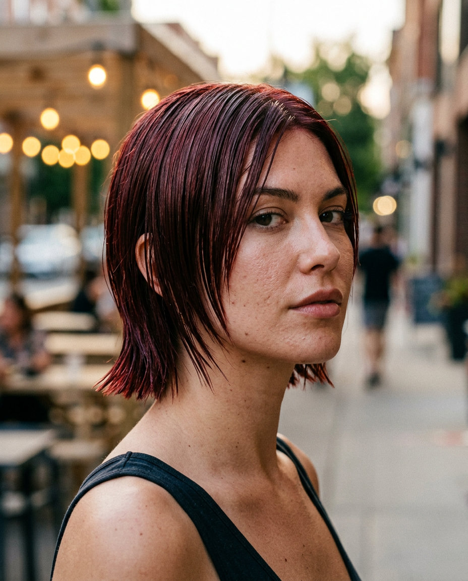 Cherry Cola Bob 2026: Sultry Red short choppy bob haircut with deep cherry red, A-line angle, no fringe — bold sultriness