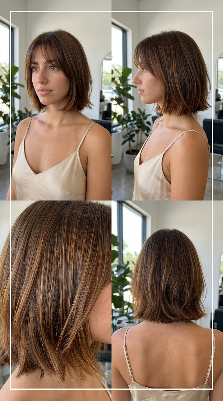 short french bob haircut with chestnut brown color, amber undertones and curtain bangs