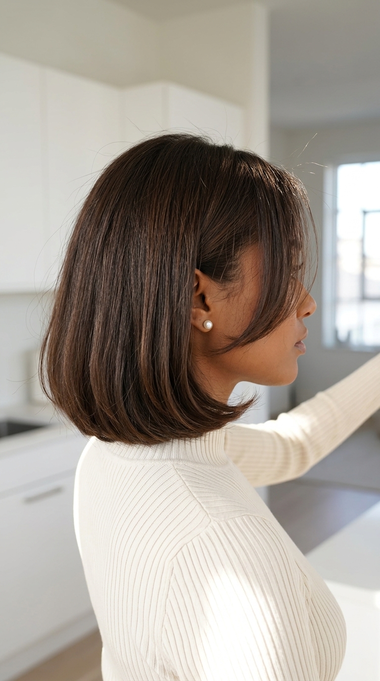 collarbone-grazing bob in rich chocolate brown, warm lowlights, softly blunt perimeter — chic