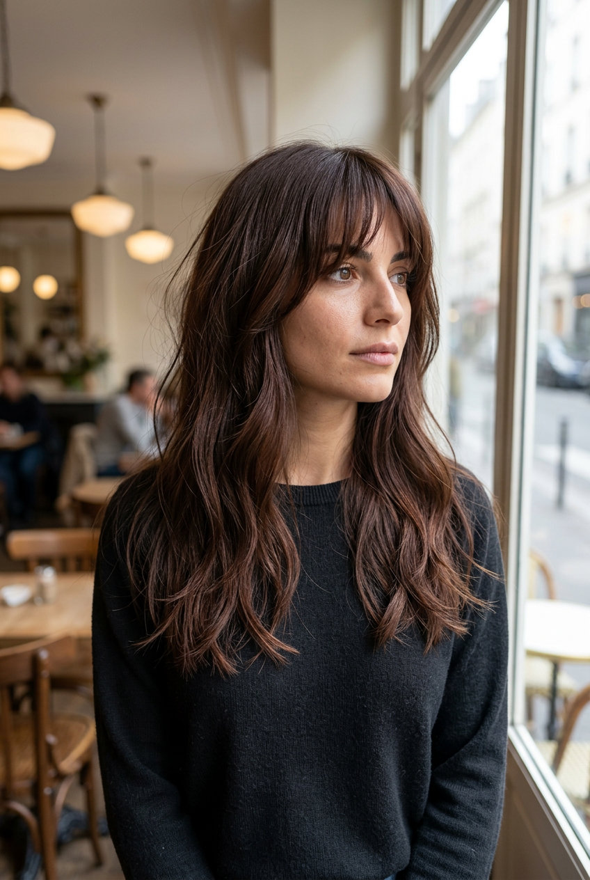 Fresh Summer Haircut 2026: Parisian Fringe medium-long haircut with chocolate brown color, wispy Birkin bangs, minimal layers — retro, feminine