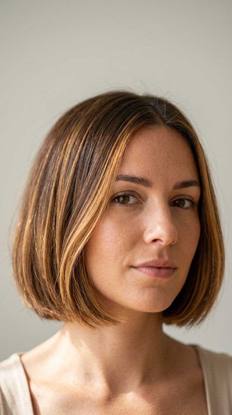 shoulder-length bob with chocolate brown and warm caramel balayage, sun-kissed effect — playful vibrant look