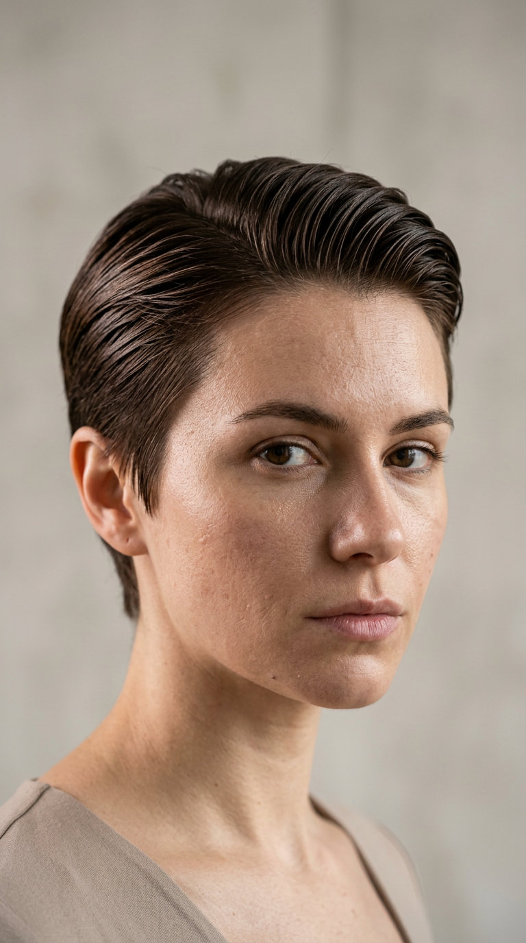 very short pixie haircut in chocolate brown with espresso undertones, slicked back, sharp perimeter — sophisticated summer