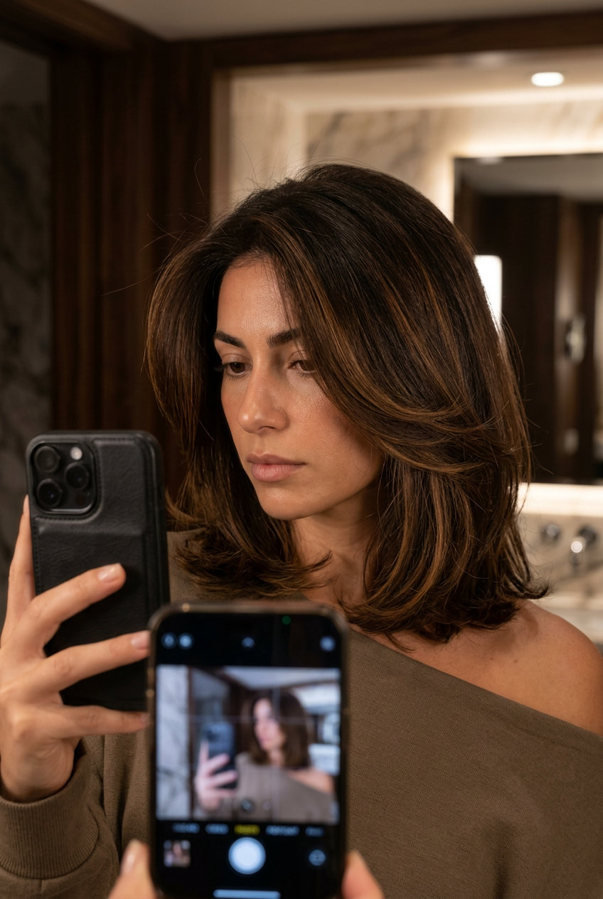 medium lob haircut in chocolate brunette with caramel ribbons, deep side part — glamorous formal style