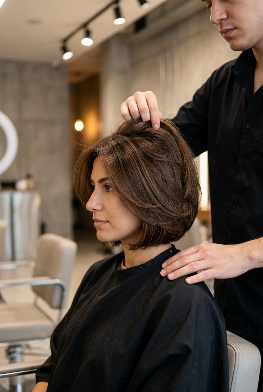 short french bob haircut in chocolate brunette with caramel lowlights, face-framing layers, side-swept fringe — retro glamour style