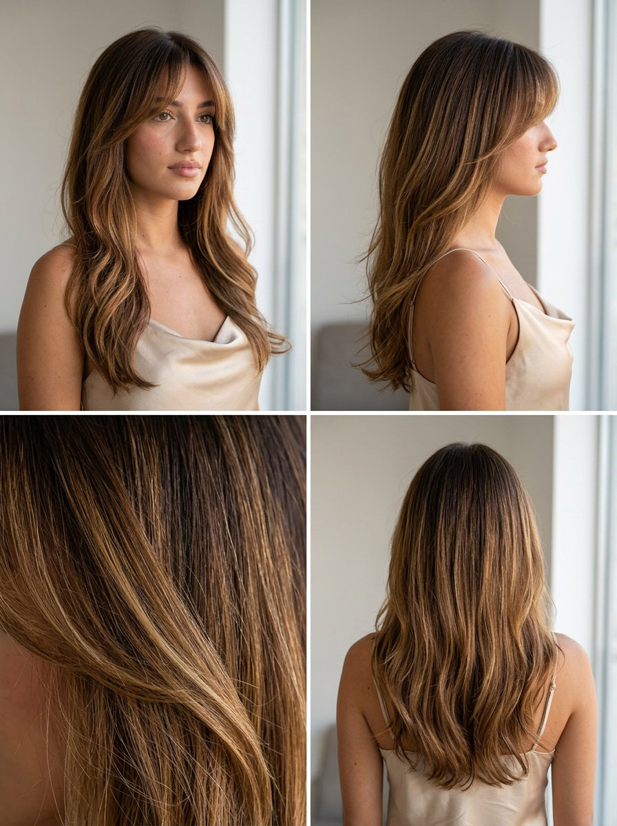 long chocolate brown to golden caramel ombre with ghost layers and sweeping curtain bangs for glamorous look