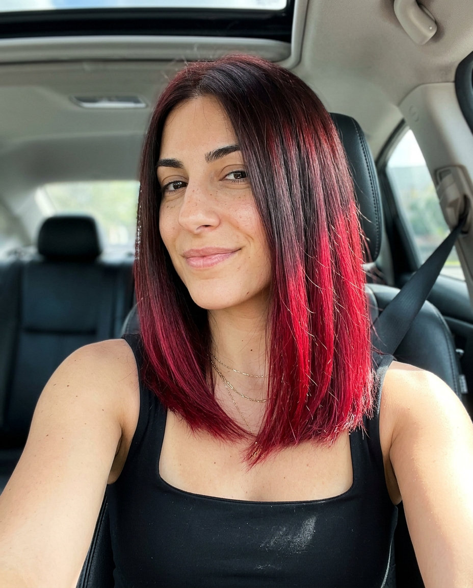 Edgy Summer Brunette 2026: Chocolate Cherry Dip-Dye chocolate cherry dip-dye on brunette, vibrant cool red ends for summer 2026