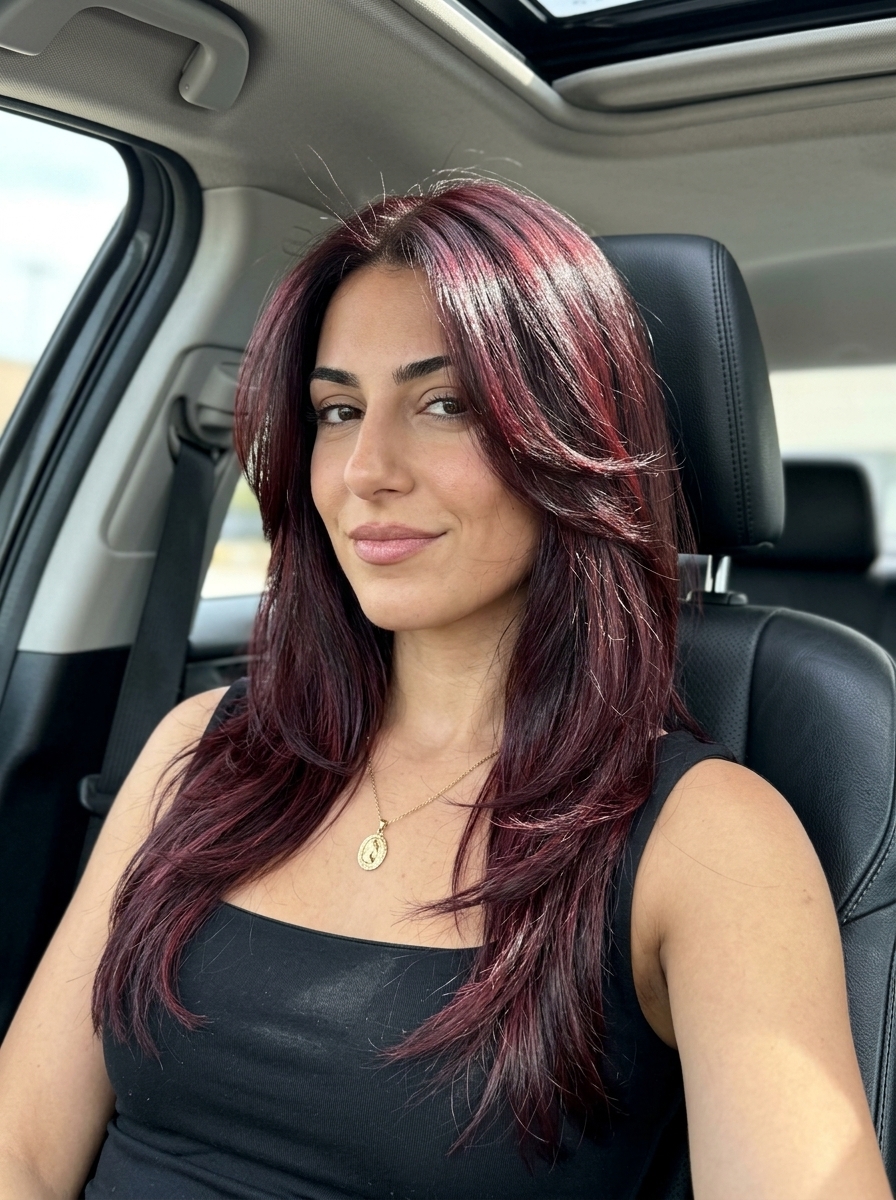 long chocolate cherry hair with red and violet reflects and cascading layers for formal events