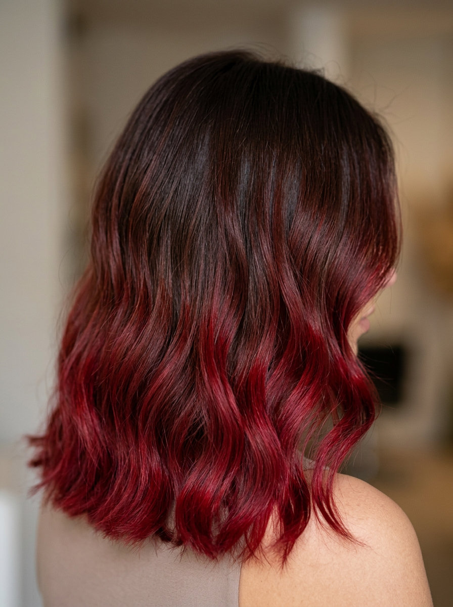 Bold Chocolate Cherry Ombré Hair 2026 long layered chocolate cherry ombré, vibrant cherry red, mahogany undertones — bold