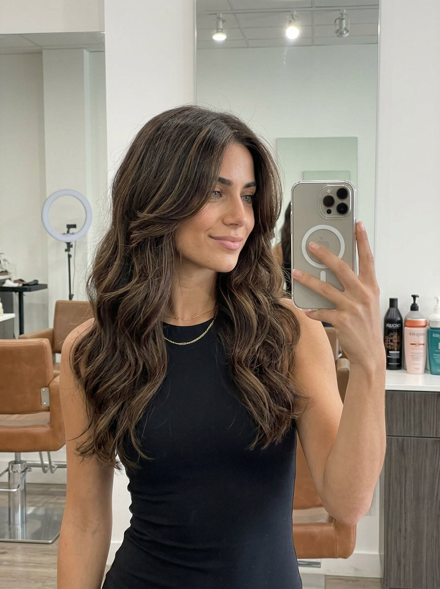 long butterfly haircut with chocolate brunette, caramel ribbons, and face-framing — romantic date night