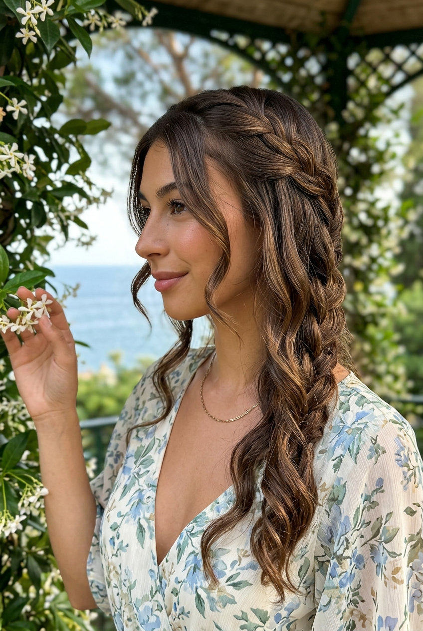long chocolate brown waterfall braid with caramel lowlights, soft romantic finish for garden party