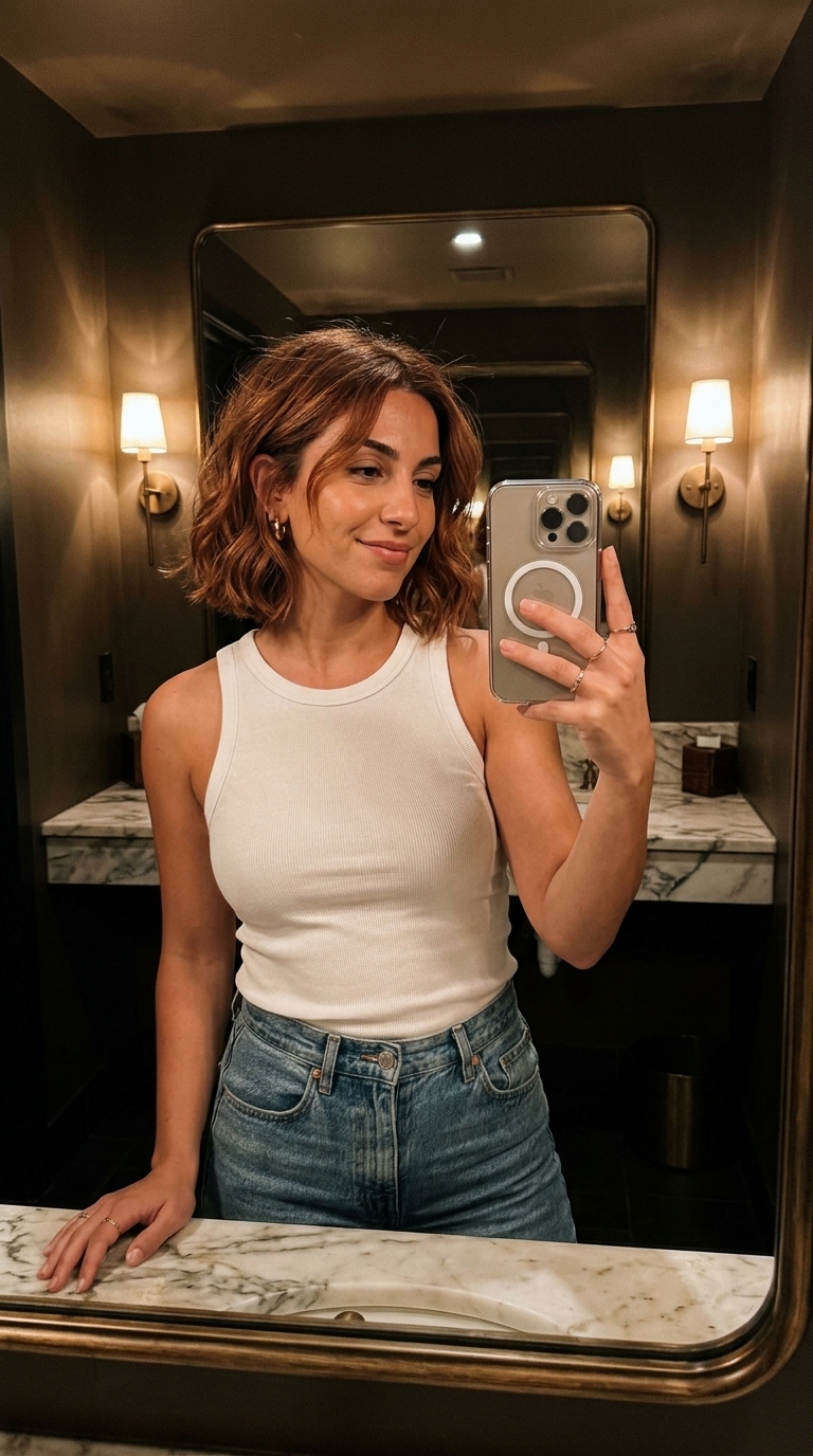 chin-length wavy bob in cinnamon toast auburn with reddish-blonde highlights, point-cut perimeter, face-framing—trendy & playful