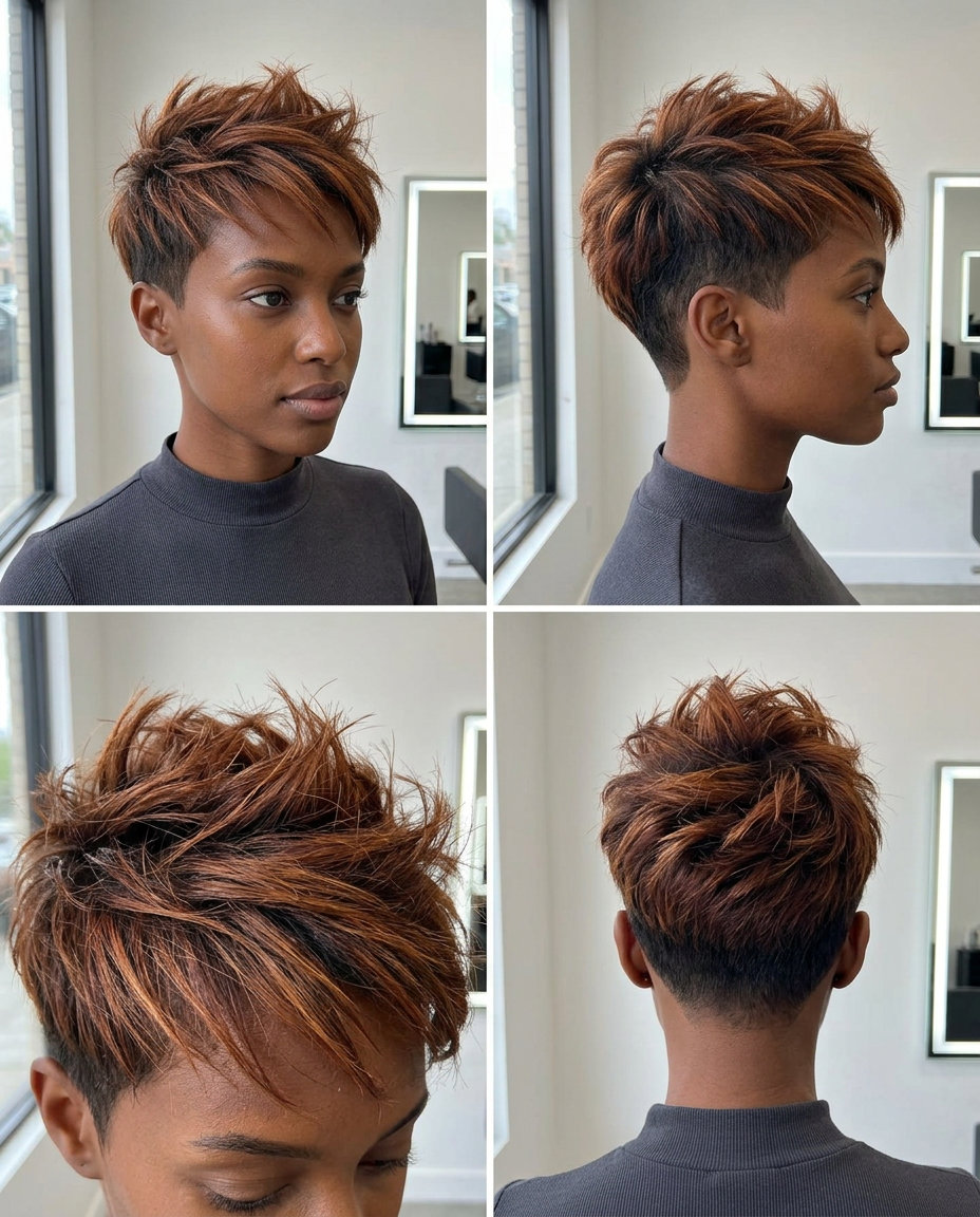 short pixie cut auburn with cinnamon toast highlights, textured layers and clipper fade for edgy looks