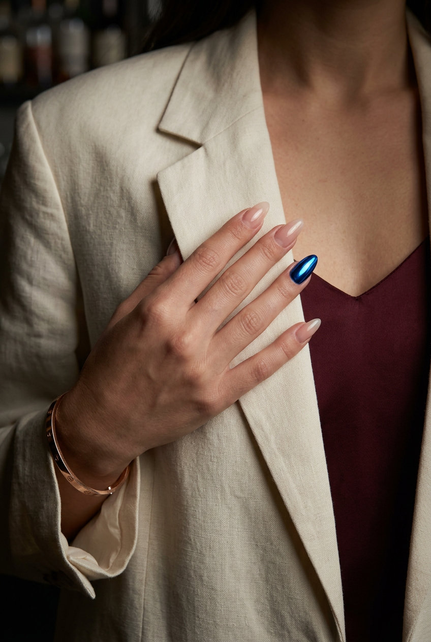 Cobalt Blue Chrome Accent nails with a sophisticated, edgy look. Colourful summer nails 2026 for special events.