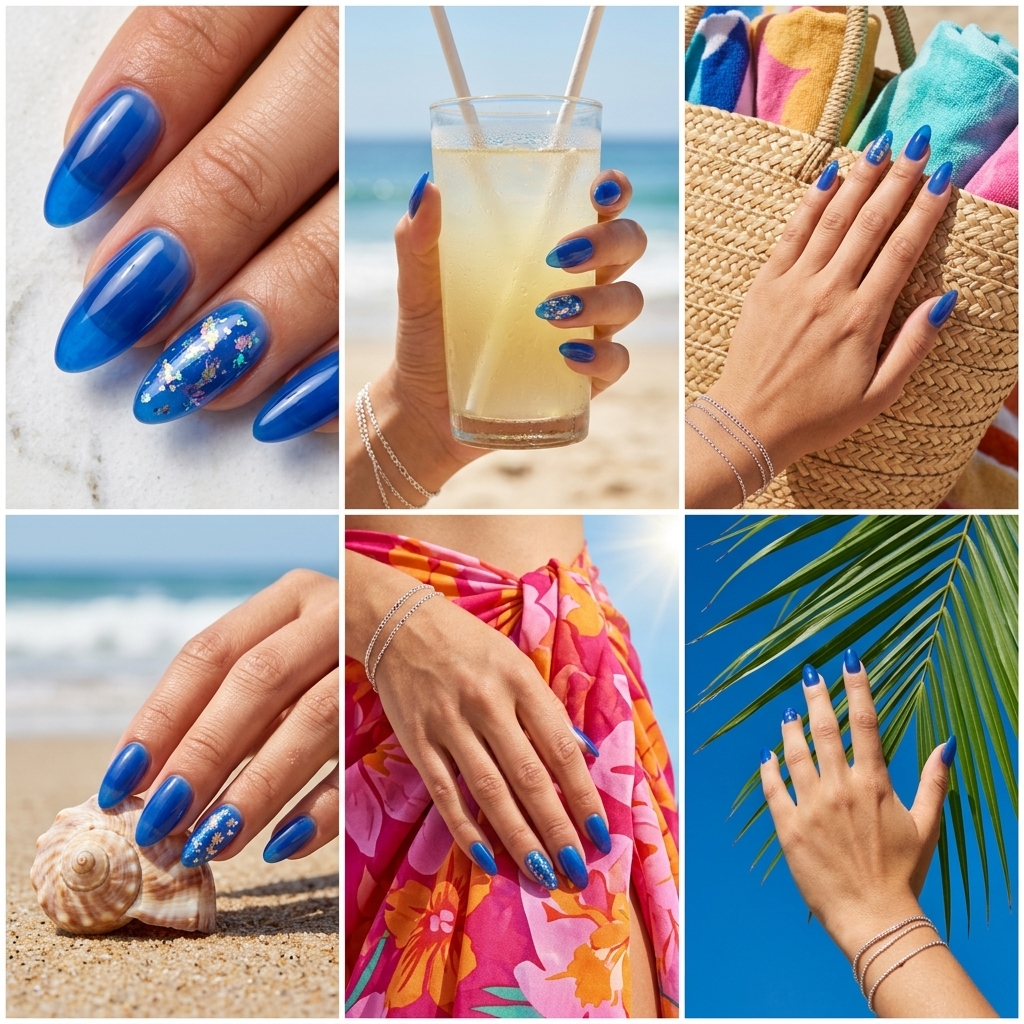 Cobalt blue jelly nails with iridescent foil flakes for colourful summer nails 2026. Vacation vibes.