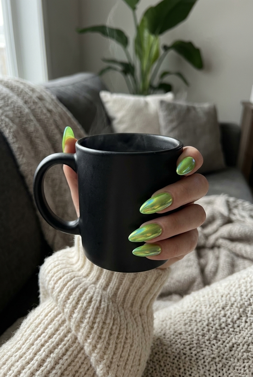 Electric Jelly Chrome nails in sheer lime green with holographic shift. Dazzling colourful summer nails 2026.