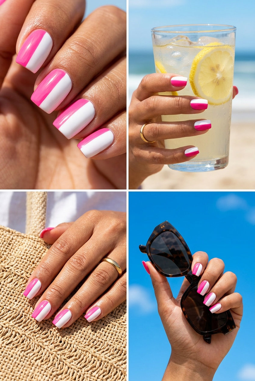 Geometric hot pink and white color block nails for colourful summer nails 2026. Edgy party style.