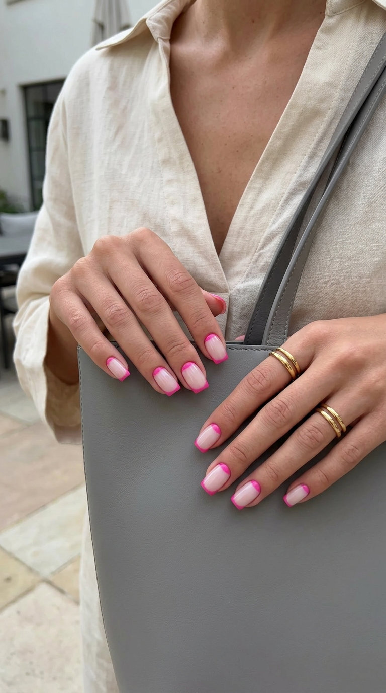 Bold hot pink reverse French nails for colourful summer nails 2026. Chic for parties & concerts.