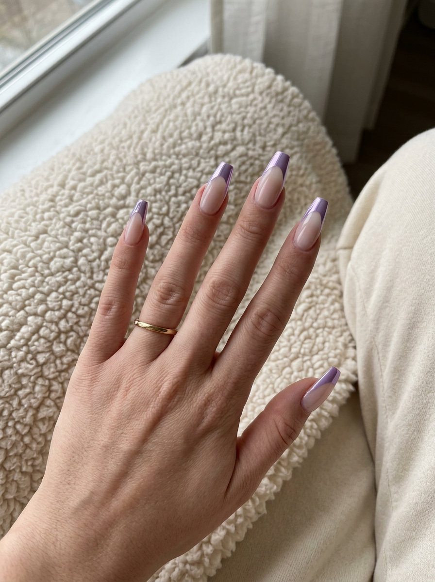Lavender chrome French tip on coffin nails for colourful summer nails 2026. Futuristic party style.