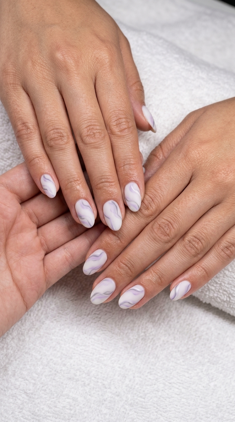 Milky white and soft lavender abstract swirl nails for colourful summer nails 2026. Matte finish.