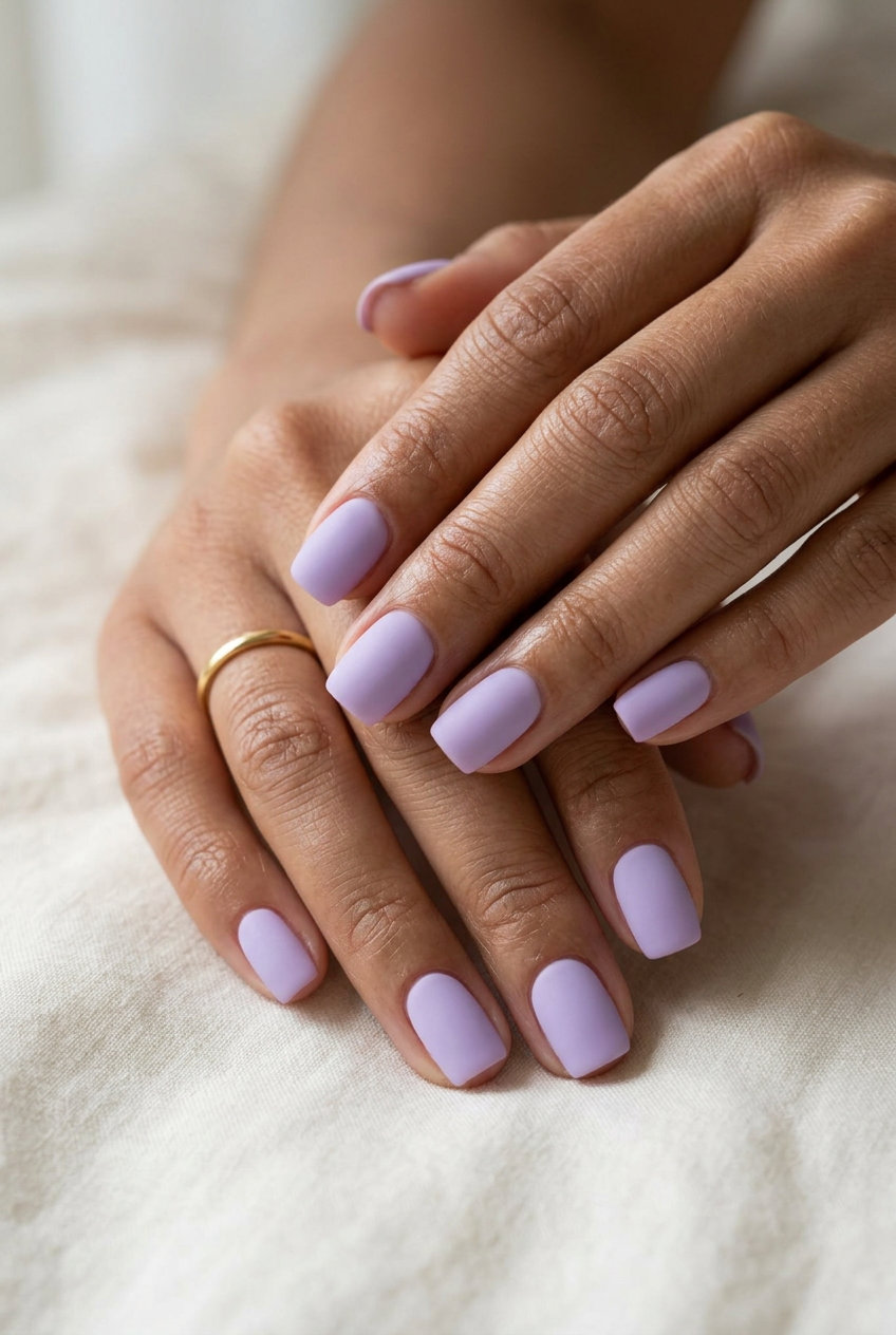 Soft lavender matte square nails for colourful summer nails 2026. Chic and minimalist.