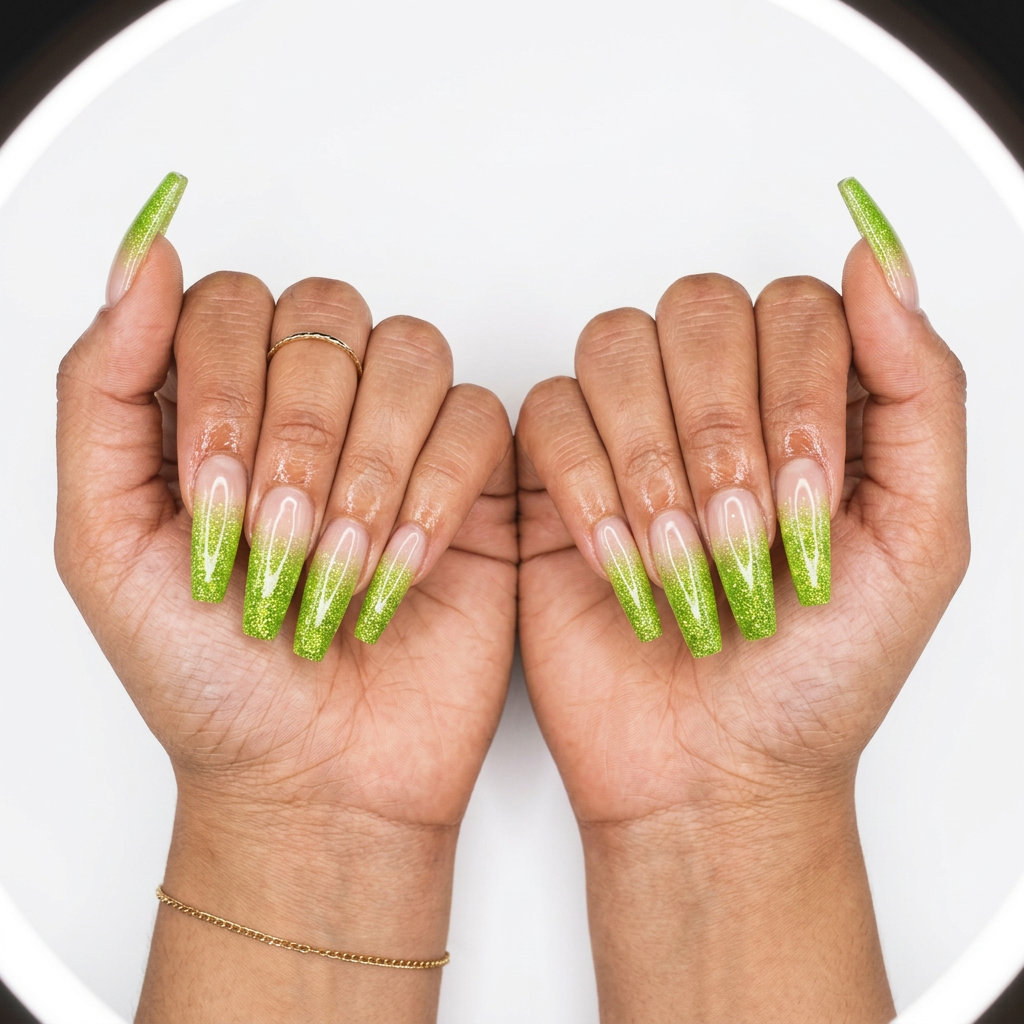 Glamorous lime green glitter gradient stiletto nails for colourful summer nails 2026. Bold for vacations.