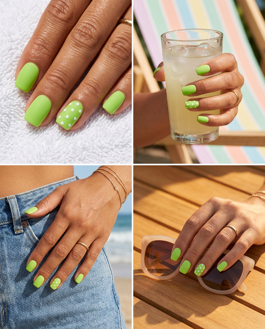 Lime Green Matte Dots Accent nails for a playful, chic look. Colourful summer nails 2026 for casual occasions.