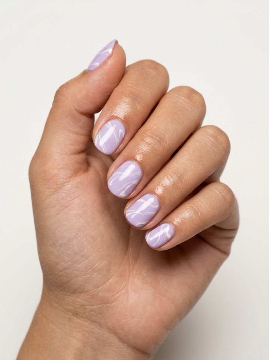 Romantic pastel lavender and white swirl nails for colourful summer nails 2026. Ideal for daily wear.